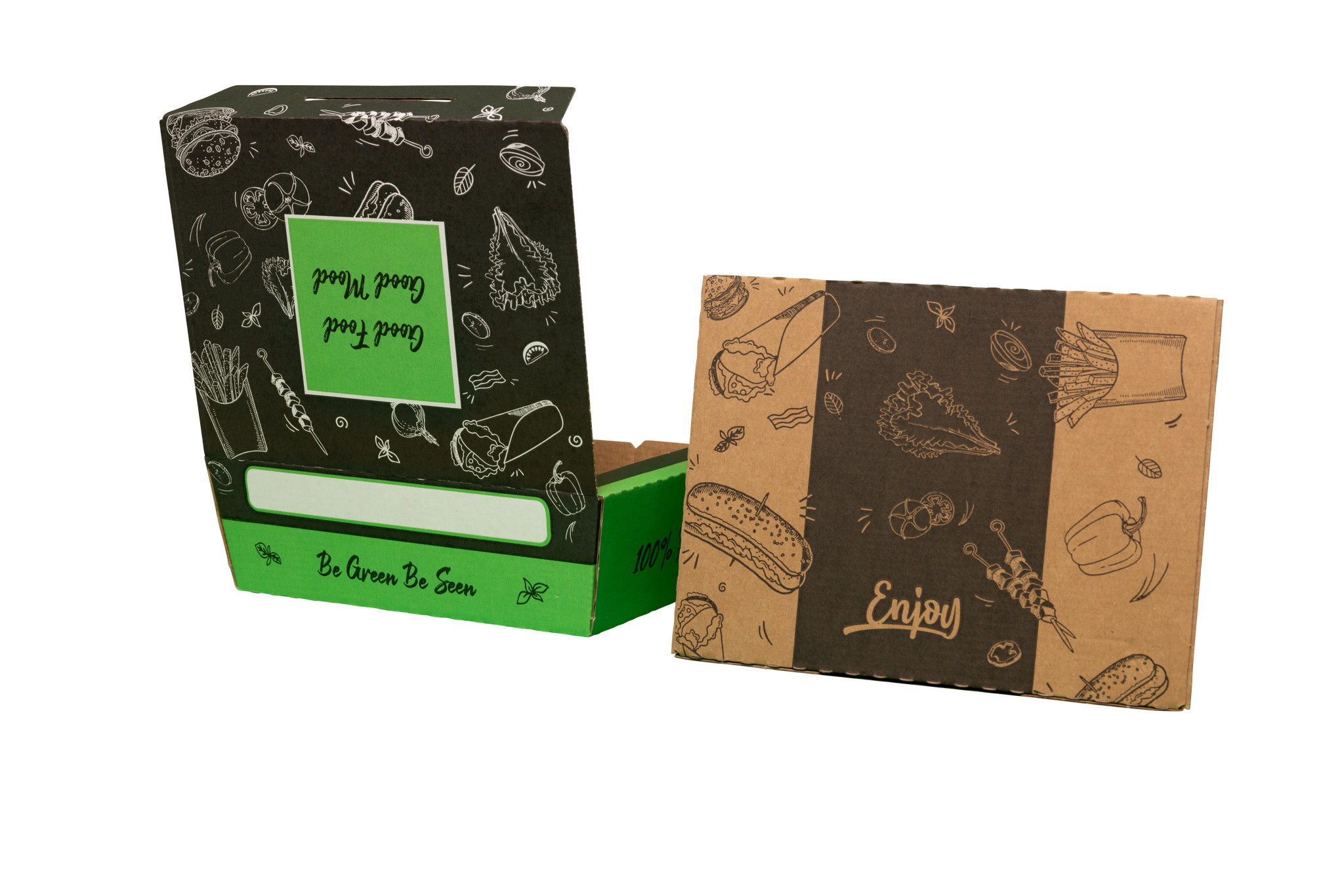 Salad Box (open + green and black box))